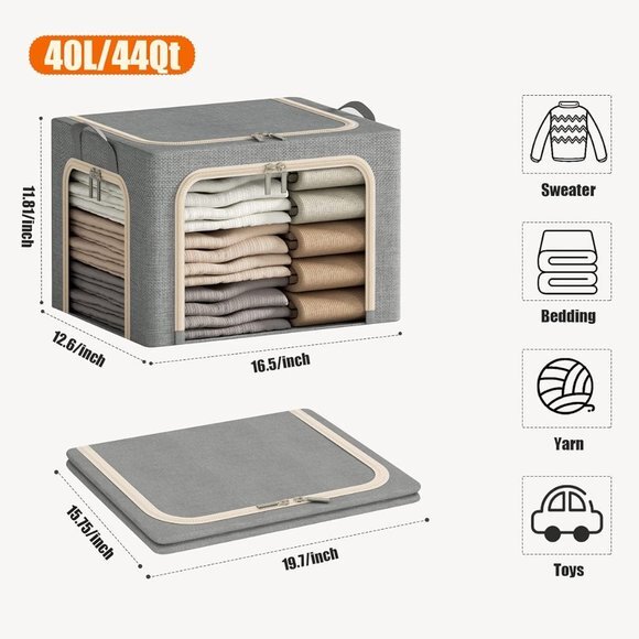 3 Openings Clothes Storage Bins with Metal Frame Foldable Storage Bin for Clothe - Picture 3 of 6